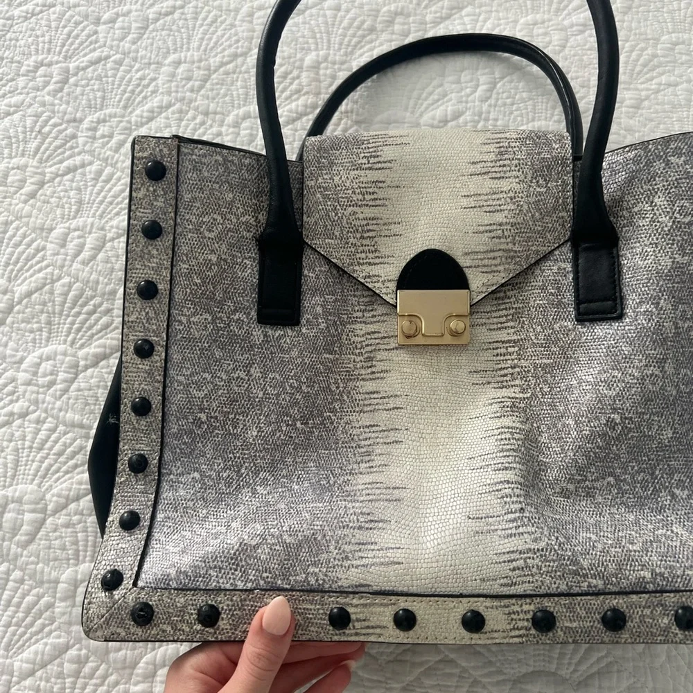 Loeffler Randall work bag tote purse reptile snakeskin python black bag office - Picture 2 of 12